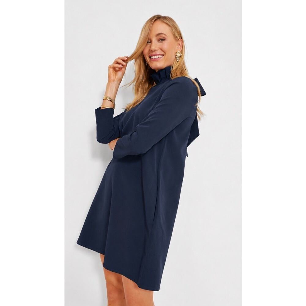 Tuckernuck Dress Womens XXL Navy Blue Daphne High Neck Ruffle Minimalist Office